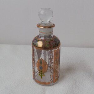 Vintage Glass Perfume Bottle Hand Painted Gold Trim with Flowers 2oz with Dauber